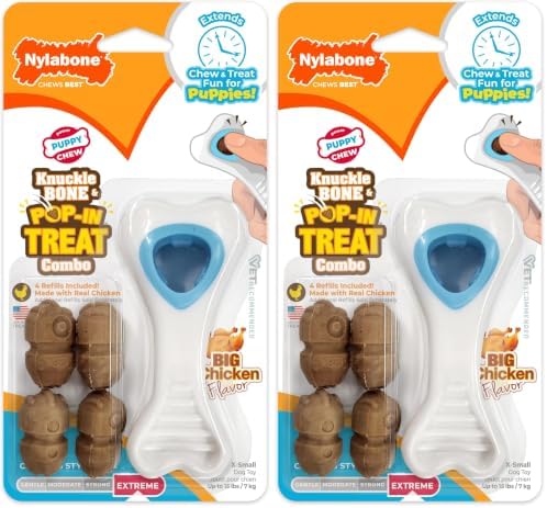 Nylabone Knuckle Bone Pop-in Treat Toy Puppy Chew Toy for Puppies, Interactive Treat Dispensing Enrichment Toys for Puppies, Long Lasting Chicken Flavor, X-Small Dogs - Up to 15 lbs (Pack of 2)