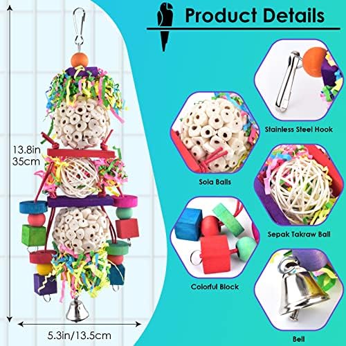 Bissap Conure Toys, Bird Parrot Foraging Shredder Hanging Toys Sola Balls Sepak Takraw with Bell for Small Parrots Parakeets Conures Cockatiels Love Birds Cage Toy (Pack of 2)