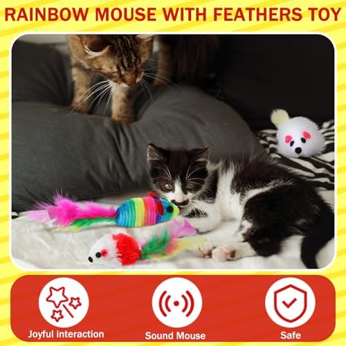 100 Pcs Furry Cat Toys Mice Bulk Rattle Sound Rainbow Mouse with Fuzzy Toys for Indoor Kitten Small Mouse Interactive Catch Play Assorted Color