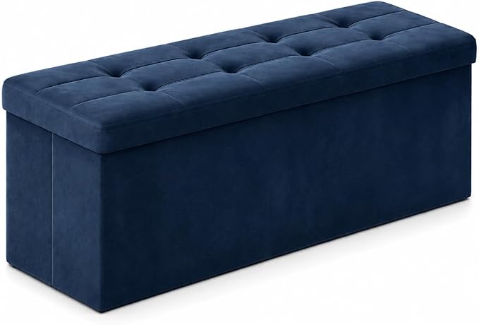 ALASDO 43 Inch Folding Storage Ottoman Bench with Hidden Storage, Velvet Storage Ottoman Foot Rest Stool, End of Bed Bench for Bedroom, Living Room, Entryway and Closet, Navy Blue