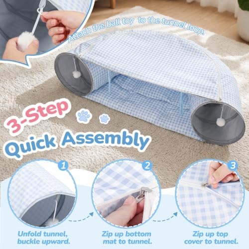 Bunny Tunnel Bed, 2-in-1 Collapsible Rabbit Guinea Pig Hideout, Blue