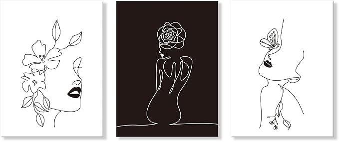 Chadow Artwork Minimalist Line Art Prints Set of 3 Abstract Women Faces Flower Wall Art Black and White Line Drawing Painting Modern Aesthetic Poster for Girls Bedroom Bathroom Living Room Decor