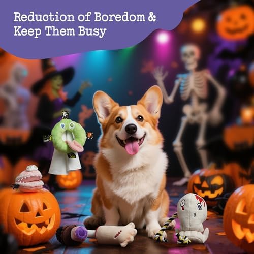 Fuzzwoof 5 Pack Halloween Dog Squeak Toys, Spooky Snacks + Skull Rope Large Dog Tug Toys, Food Theme Plush Puppy Interactive Toys for Fun & Teeth Cleaning