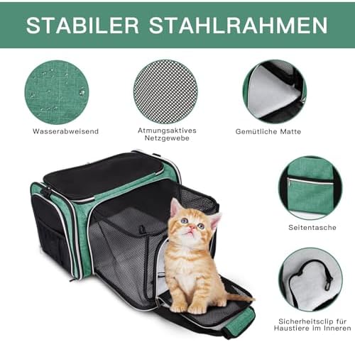 BAGLHER Expandable Cat Carrier with Travel Litter Box, Pet Travel 5 Sides Open Doors 3 Sides, Leak-Proof and Collapsible, for Car, Airplane Trip, Green