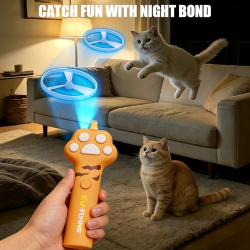 Cat Fetch Toy Launcher, Flying Disc Launcher with Rechargeable & 6 Soft Flying Discs (3 Glow), Easy Use Interactive Toys for Indoor Adult Cats & Kittens for Enrichment