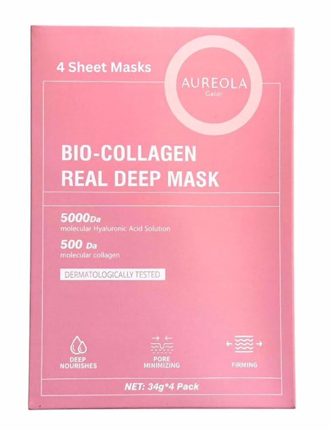 Bio-Collagen Sheet Mask (4 Pack), Hydrating & Firming Face Mask, Korean Skin Care Collagen Mask for Dry & Aging Skin, Winter Hydration for All Skin Types