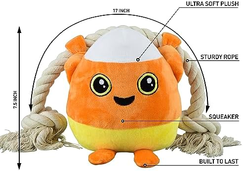 Native Pup Dog Toy Rope and Plush Stuffed Squeaker, Tug of War Toys for Dogs, Puppy Welcome Home Add on for Pets (Candy Corn)