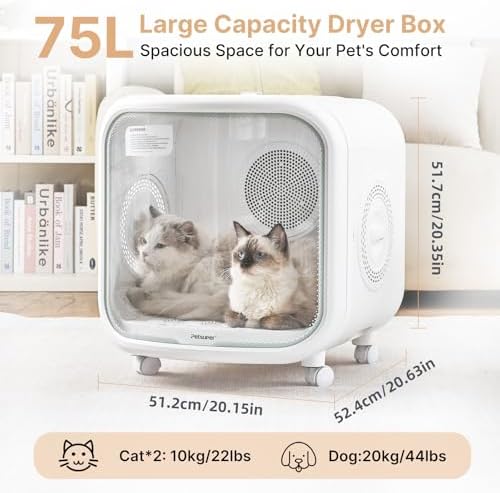 Upgrade 75L Large Automatic Cat Dryer Box -360° Rapid Drying with APP Control, Smart Safe Temperature & Overheat Protection, Ultra-Quiet & Grooming Box for Cats and Small Dogs