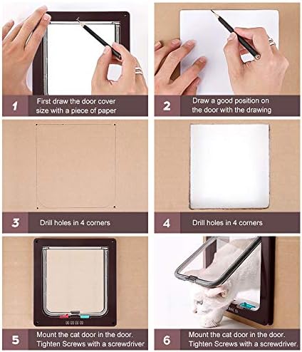 Sailnovo Magnetic Closure 4-Way Cat Flap (L-23.5*25*5.5cm, Brown) - Suitable for Cats and Small Dogs up to 8kg - Easy Installation on Brick, Wood, PVC, and Metal Doors/Walls - Fly Screen Design