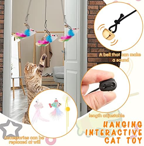 8 Pcs Doorway Cat Toys Indoor Feather Cat Toys Door Hanger Cat Toys Interactive Hanging Cat Toys Dragonfly Little Mouse Toys Retractable Cat Teaser Toys Kitten Toys for Play, 6 Styles (Vibrant Style)