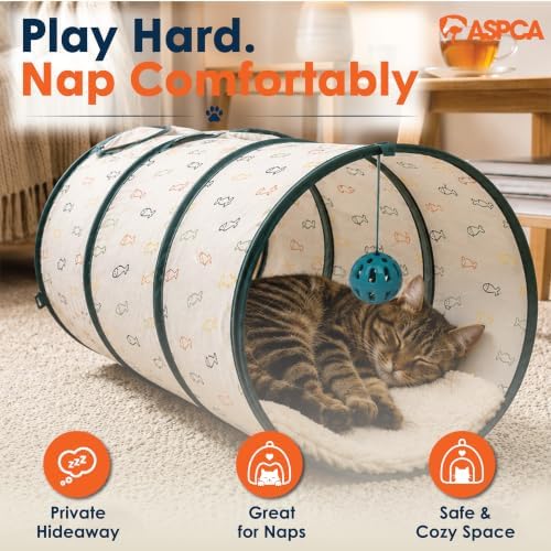 ASPCA Cat Tunnel with Rattle Toy – Interactive Collapsible Cat Tunnel for Indoor Cats, Crinkle Play Tunnel with Hanging Rattle Toy, Encourages Hiding, Chasing, Pouncing & Active Play, Fish Printed