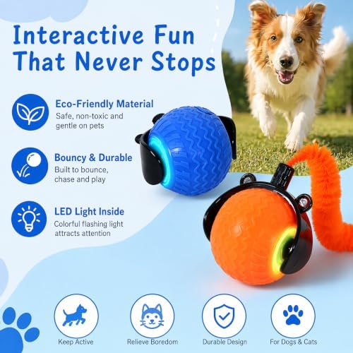 Tri-San Smart Automatic Interactive Cat Toy Ball, Rechargeable LED Moving Kitten Toy with Detachable Teaser Tail for Indoor Cat Hunting Exercise