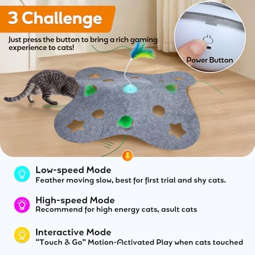 Giociv Interactive Cat Toys for Indoor Cats Exercise Toys Spin Feather Wand Tumbler Base, Touch Activate Mode Peek-A-Boo Felt Cover Toy Rechargeable