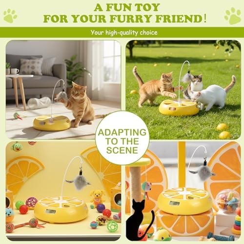 Puffluv Interactive Cat Toy,2 in 1Fruite Shape Toys with Electric Moving Concealed and Hanging Feathers Pop and Play Hide Seek, Hunting,Tpye-C Rechargeable-Yellow Lemon