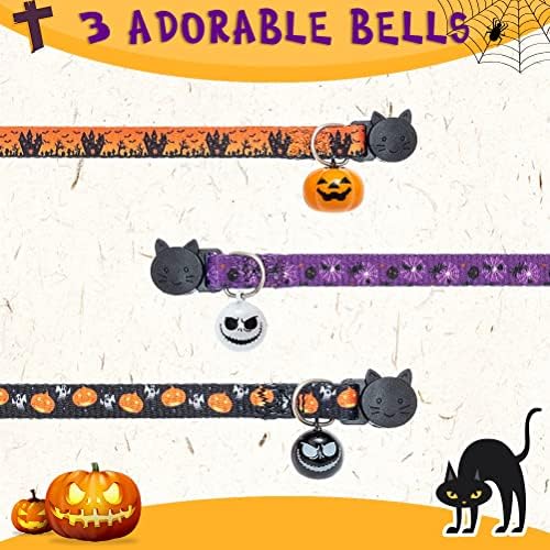 KOOLTAIL Halloween Cat Collar with Bells - 3 Pack Breakaway Cat Collar with Pumpkin Ghost Patterns Safety Buckle Kitten Collars, Adjustable Cute Pet Collar for Boys and Girls Holiday Costume Orange