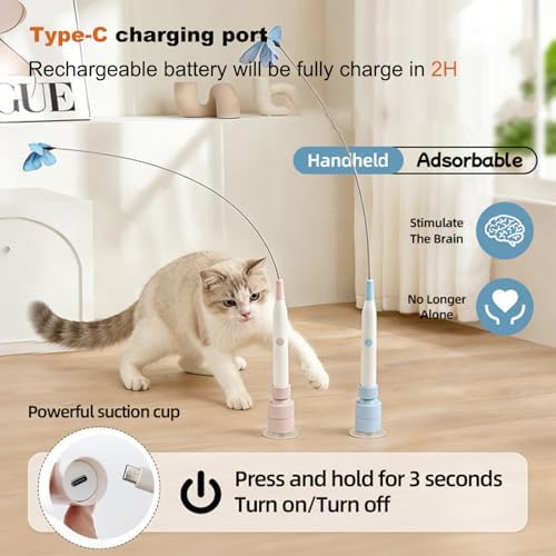 Interactive Cat Toys for Indoor Cats, Upgraded 360° Automatic Spin Butterfly, USB Rechargeable Electric Cat Teaser with Strong Suction Base, Enrichment Toy for Bored Cats (Blue)