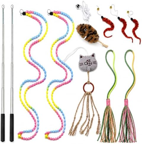 Interactive Cat Wand Toy Set for Indoor Cats, 2 Retractable Teaser Wands with Extra Long String, Handmade Sisal Rope Toys, Worm Refills, Catnip Mouse,11Pack