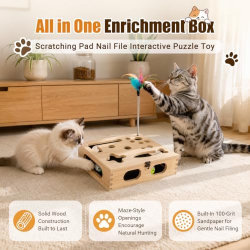 Cat Scratch Puzzle Enrichment Box, Wooden Interactive Toy for Indoor Cat