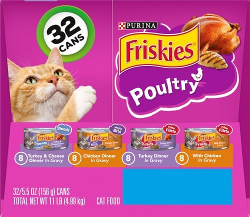 Friskies Purina Gravy Wet Cat Food Variety Pack, Poultry Shreds, Meaty Bits and Prime Filets - 5.5 oz. Cans (Pack of 64)