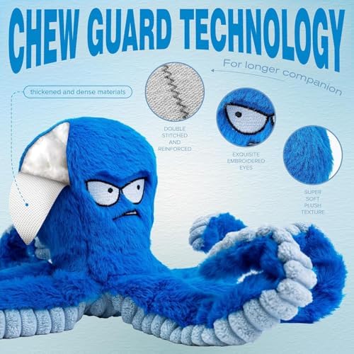 Large Dog Toys, Squeaky Dog Toy, Stuffed Crinkle Blue Octopus Toys 2 Pack | Tough Soft Fabric, Interactive Tug of War Puppy Chew Toys for Teething, Birthday Gift for Pet, Training Reward