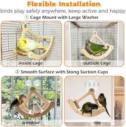 Rocking Bird Toys Perch for Window and Cage, Wooden Bird Perch Puzzle