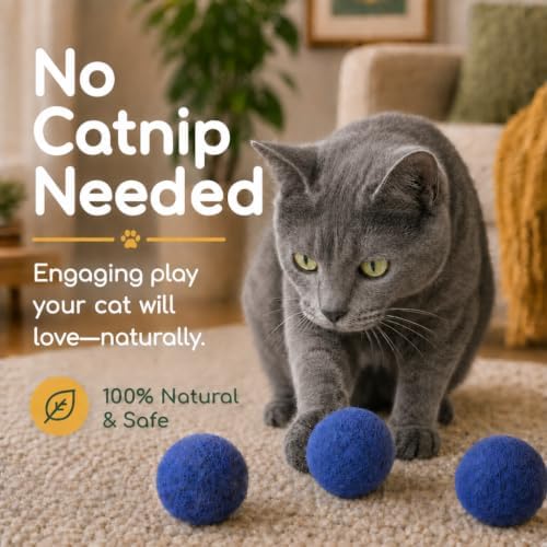 Wool Cat Toys - Felt Cat Toy Balls for Small Pet Fetch and Play - Eco Friendly Quiet Wool Ball Cat Toy for Cats and Kittens - Choose Your Colors 6PCS Blue