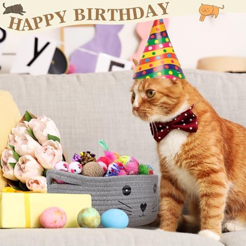 Zopeal 58 Pcs Summer Cat Storage Basket Gift Toys Set, Colorful Flashing Balls Pet Bell Crinkle Balls Spring Toys Attract Cat to Swat, Hunt, Interactive for Pet(Grey,9.8 Inch)