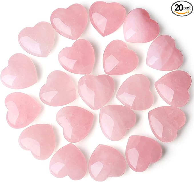 20 PCS Rose Quartz Heart Crystals Natural Crystal Polished Healing Cute Mini Pocket Stones Palm Thumb Love Gemstones Set Bulk Wholesale Reiki Energy Balancing Meditation Pink Heart Gifts for Mother Anniversary Valentine's Day Gifts for Women
