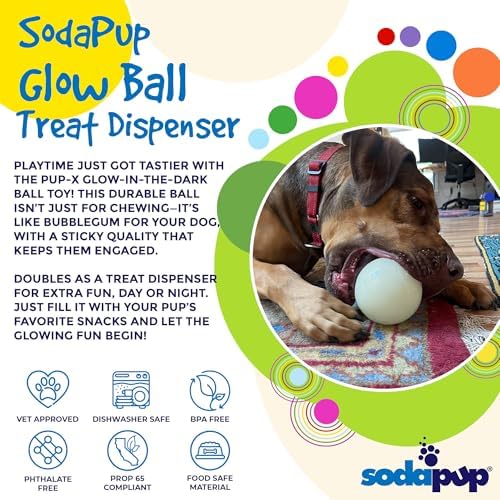 SodaPup Glow Ball – Durable Dog Treat Dispenser & Chew Toy Made in USA from Non-Toxic, Pet Safe, Food Safe Natural Rubber for Mental Stimulation, Problem Chewing, Calming Nerves & More