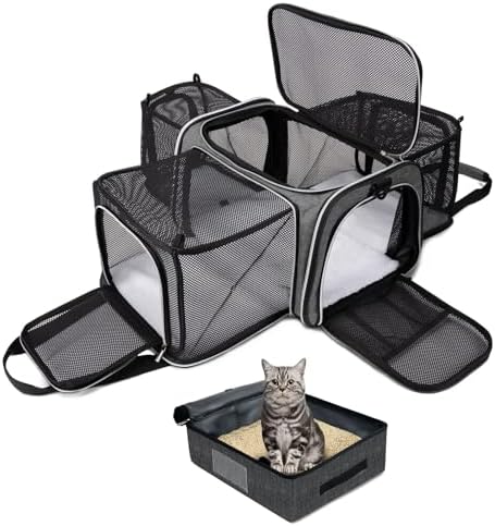 BAGLHER Expandable Cat Carrier with Travel Litter Box, Pet Travel 5 Sides Open Doors 3 Sides, Leak-Proof and Collapsible, for Car, Airplane Trip, Grey