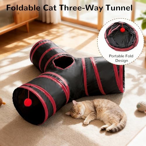 Tempcore Cat Tunnel, 3-Way Collapsible Toy for Indoor Cats, Black & Red