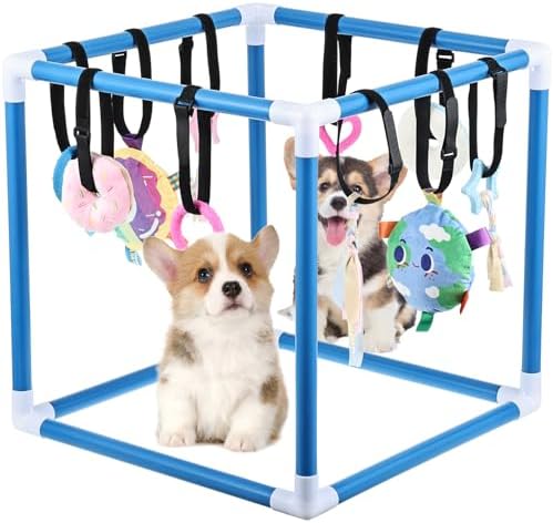 Puppy Play Gym with 10 Hanging Toys Removable Dog Enrichment Playground Interactive Indoor Training Activity Center for Small Dogs, Adjustable PVC Frame for Entertainment Teething Mental Stimulation