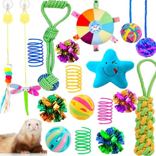 18 pcs Ferret Squeaky Enrichment Toys Set Rubber Balls Ferret Teeth Grinding Chewing Balls Teething Bouncy Bell Ball Interactive Sound Squeaker Toy Exercise Scratch Chew Toy for Ferrets Pet Cat Dog