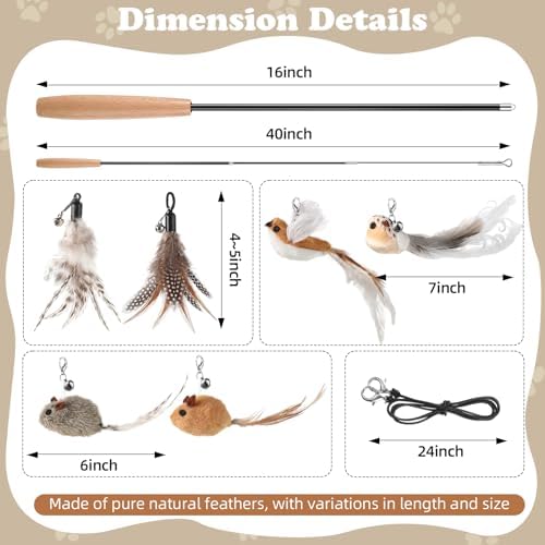 Leitee 18 Pcs Cat Wand Toy Interactive Feather, Bird Mouse Refills Wires