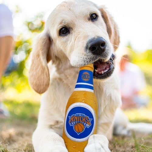 Pets First NBA New York Knicks Beer Bottle Plush Dog & CAT Squeak Toy - Cutest Stadium SODA Bottle Snack Plush Toy for Dogs & Cats with Inner Squeaker & Beautiful Basketball Team Name/Logo