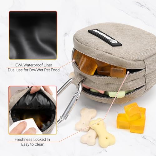 Dog Poop Bag Holder for Leashes- Dog Treat Pouch with Waterproof Zipper,Puppy Training Small Bag with Carabiner & Bungee Toggle,Two Pockets for Dry or Wet Treats-Pet Travel Walking Essentials (Khaki)