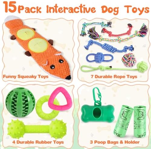 MRSOHRET 15 Pack Dog Toys, Dog Puzzle Toy Puppy Chew Toys for Teething, Dogs Essentials Toy Bundle with No Stuffing Squeaky Toy, Tough Ropes, Treat Ball for Small, Medium Large Dogs to Keep Them Busy