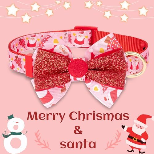 azuza Christmas Dog Collar Santa Print Xmas Dog Collars with Removable Red Bowtie, Adjustable Dog Collar Accessories for Small Dogs
