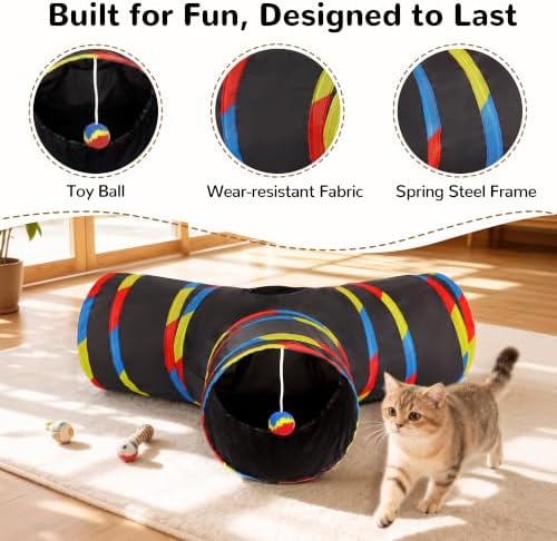Tempcore Cat Tunnel, 3-Way Collapsible Toy for Indoor Cats, Black & Rainbow