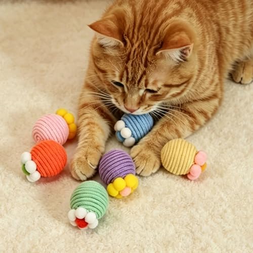 Cat Balls Toys for Indoor Cats, 6 Pcs Interactive Rope Chew Toy Balls with Crinkle Sound, 2-Inch Colorful Rope Ball for Kittens & Adult Cats, Chasing Play and Dental Health