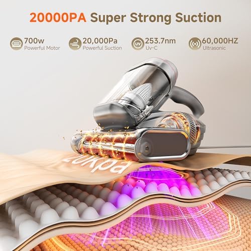 uwant 20Kpa Powerful Mattress Vacuum 700W Motor Bed Vacuum Set of 1 | Triple Hot Bed Vacuum, 60000RPM Tap, Aroma Care, UV-C Light and Ultrasonic, 20.3 oz Dust Cup, Mattress Vacuum for Bed, Sofa