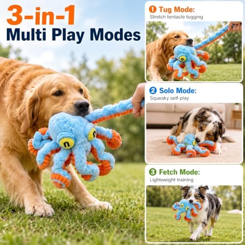 Squeaky Dog Plush Chew Toy, Interactive Tug Squeaky Toy for Chewers, Medium & Large Dogs & Fetch Play, 19.7 Inch Stuffed Octopus Toy with Flexible Spring Tentacles for Gentle Gum Care & Boredom Relief