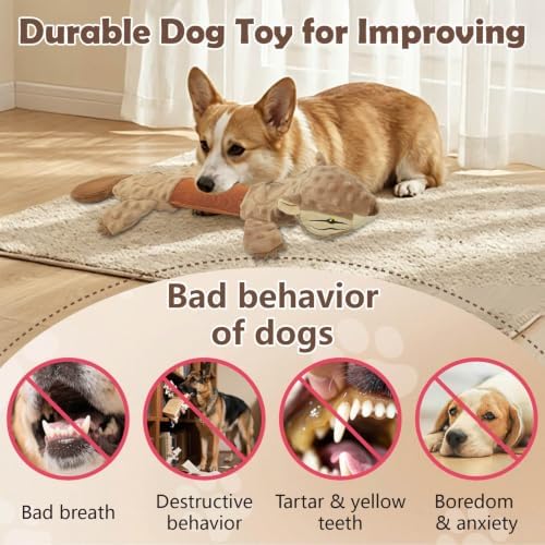 Squeaky Squirrel Dog Toy with 2 Treat-Hiding Pockets, Interactive Plush Tug Toy for Aggressive Chewers, Durable Crinkle Chew Toy for Small Medium Large Dogs