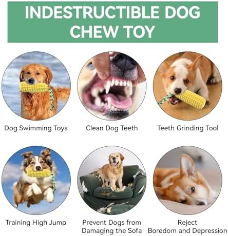 Corn Squeaky Rubber Dog Chew Toy with Dental Cleaning Grooves & Cotton Rope