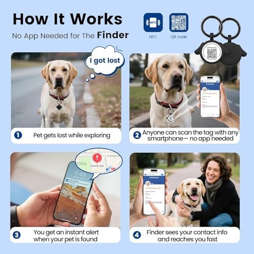 QR Code Pet ID Tags with NFC - Silent Silicone Dog Name Tags Personalized, Scan for Instant Location Alerts & Digital Pet Profile, Waterproof & Battery-Free Dog Tag for Cats & Dogs (Black)