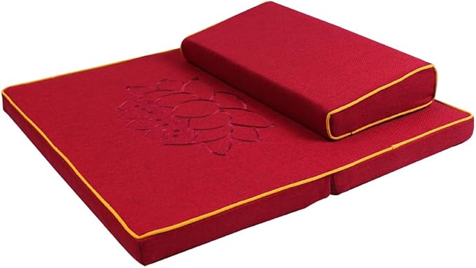 Portable Foldable Meditation Cushion Mat Set with Washable Cotton Linen Cover, Larger Thick Yoga Mat Bolster Floor Pillows Seating for Adults Meditation Accessories red-60cm