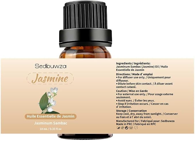 Sedbuwza Jasmine Essential Oil, Pure Organic Jasmine Fragrance Oil for Diffuser, Humidifier, Soap, Candle, Perfume