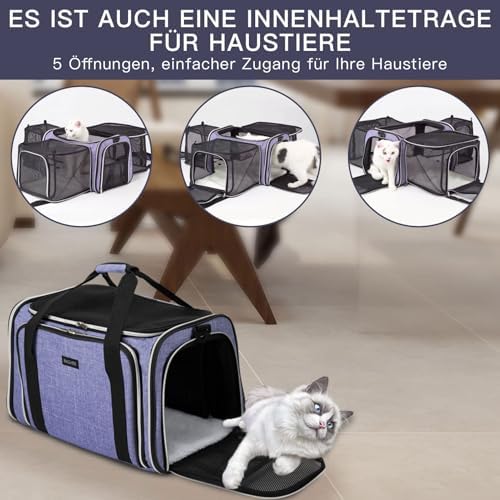 BAGLHER Expandable Cat Carrier with Travel Litter Box, Pet Travel 5 Sides Open Doors 3 Sides, Leak-Proof and Collapsible, for Car, Airplane Trip, Purple