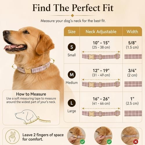Soft Cotton Dog Collar Classic Plaid Pet Collars with Metal Clasp for Small Dogs with Sensitive Skin, Blush Pastel Tartan