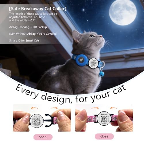 QR Code & AirTag Reflective Breakaway Cat Collar with Bell – Smart Scan Pet ID Tag & Apple AirTag Holder, 0.4" Width Lightweight Safety Kitten Collar for Girl Boy Cats (Reflective Strip-Blue)